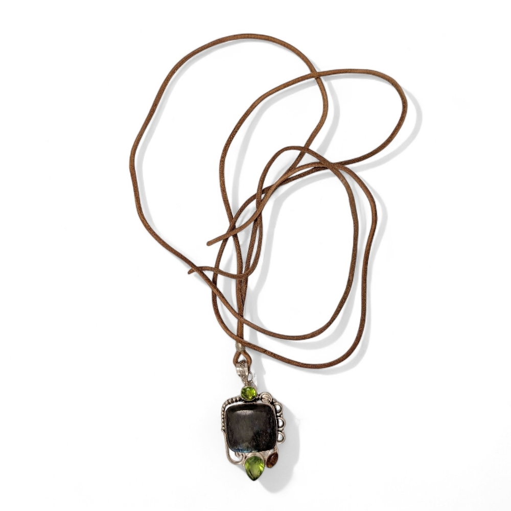 VINTAGE Pendant Necklace Labradorite Peridot 36" 925 Sterling Silver Leather - Picture 10 of 14